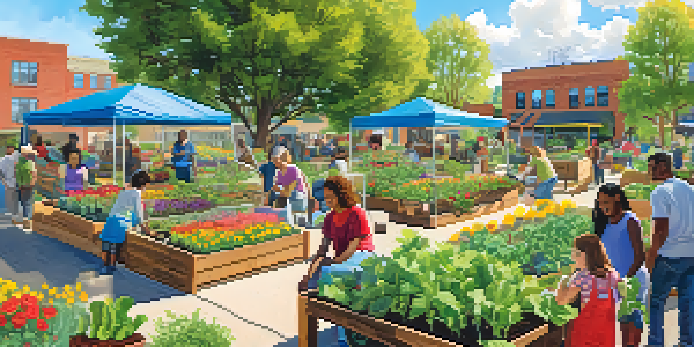 A lively community garden in Denver with people gardening and a picnic table in the background.
