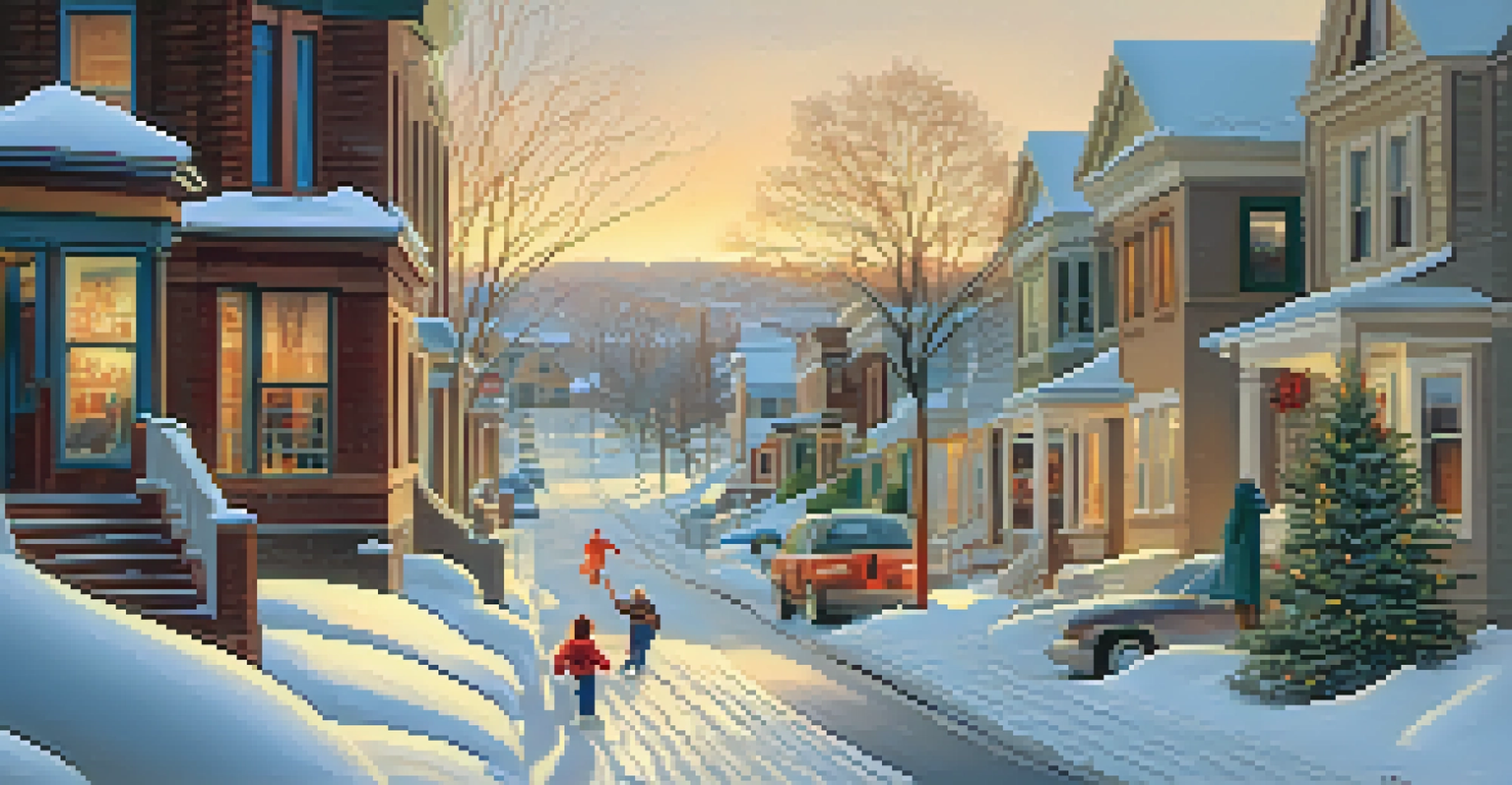 A snowy street in Denver during winter with kids playing and homes glowing warmly.