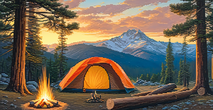 A peaceful campsite with a tent and campfire surrounded by trees and mountains during sunset.