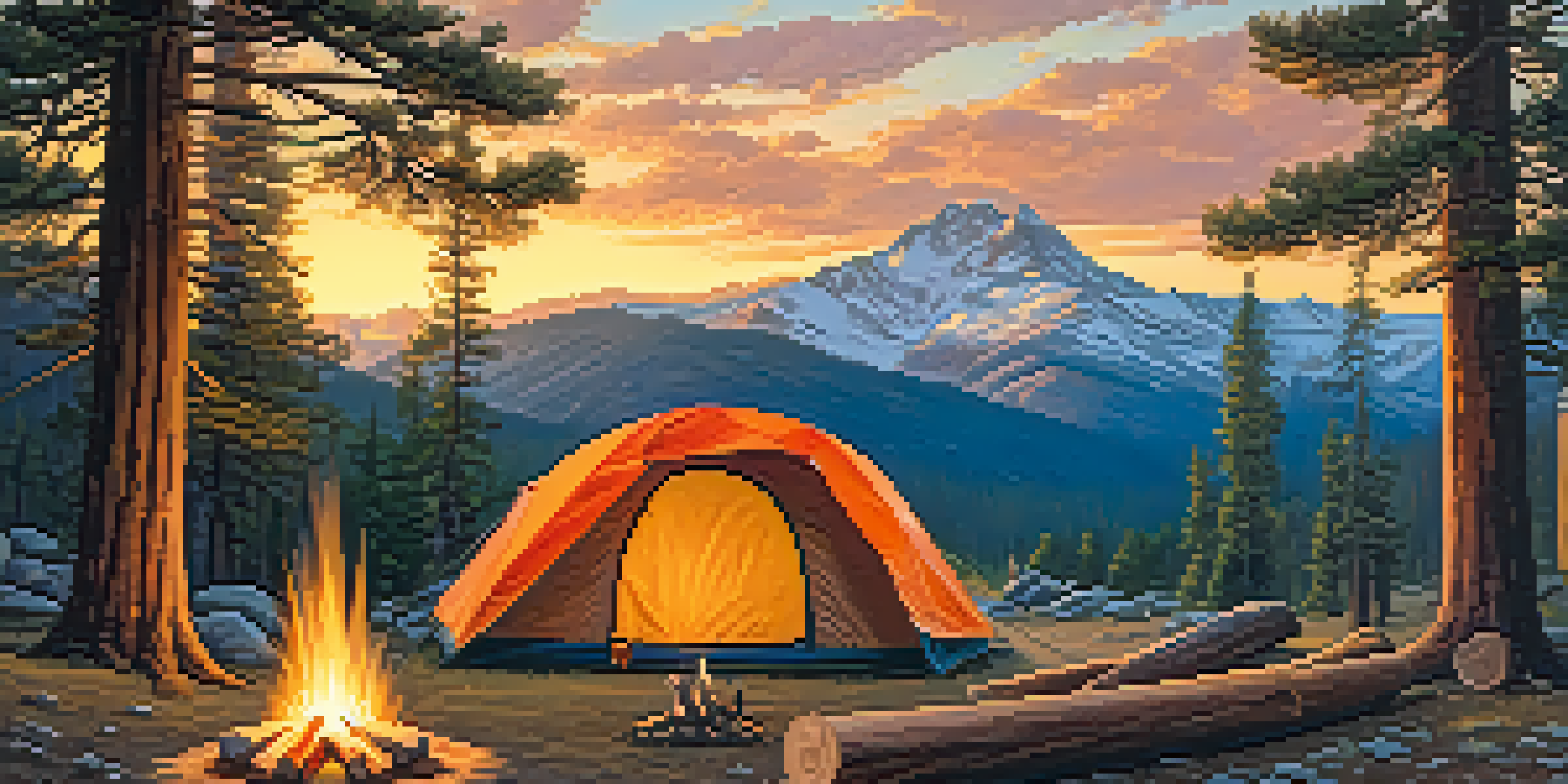 A peaceful campsite with a tent and campfire surrounded by trees and mountains during sunset.