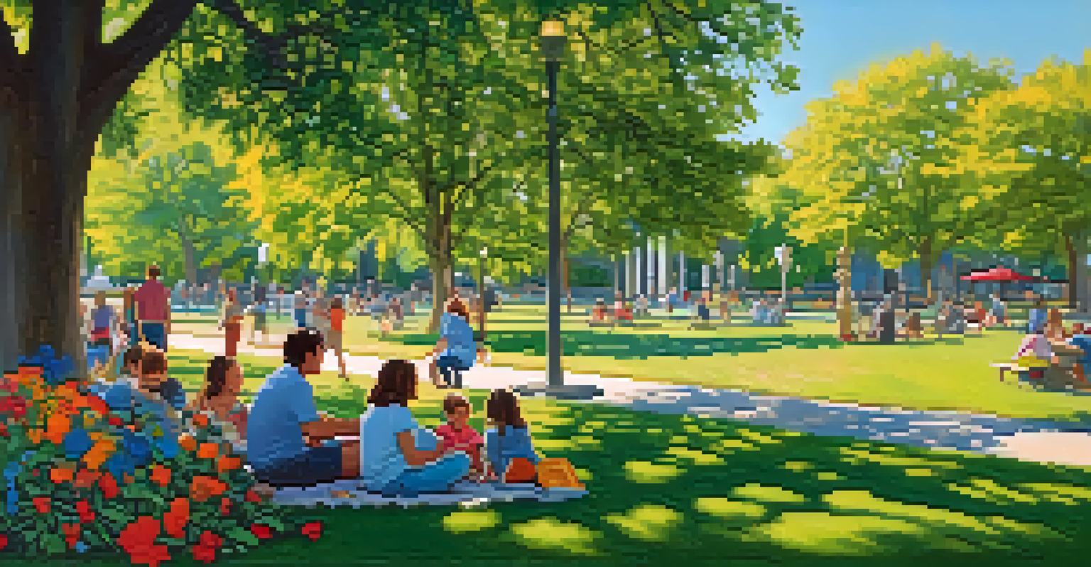 A tranquil park scene in Capitol Hill with families picnicking, children playing, and flowers blooming under a bright sky.