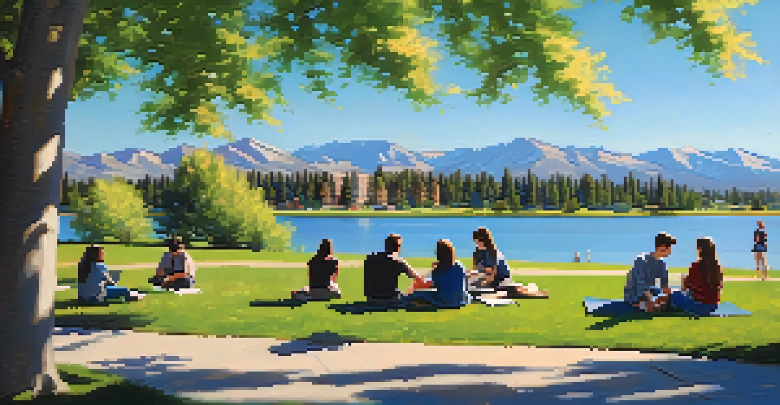 Students studying and discussing on the grass in a serene park, surrounded by trees and flowers, with a lake and mountains in the background.