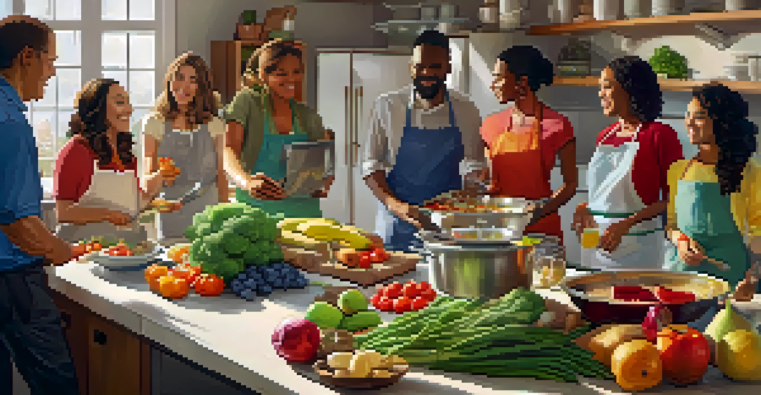 A group of people participating in a cooking demonstration in a cozy kitchen, surrounded by fresh fruits and vegetables.