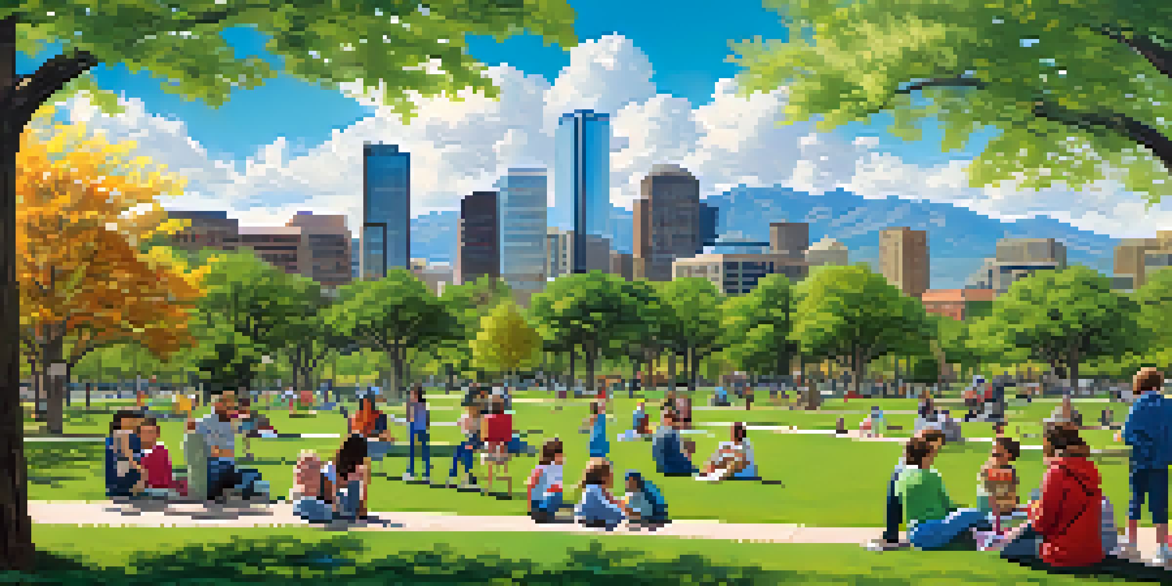 A community tree planting event in a city park, with people planting young trees surrounded by blooming flowers and modern buildings in the background.
