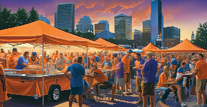 A lively tailgating event with fans in orange and blue jerseys, grilling food against the backdrop of the Denver skyline at sunset.