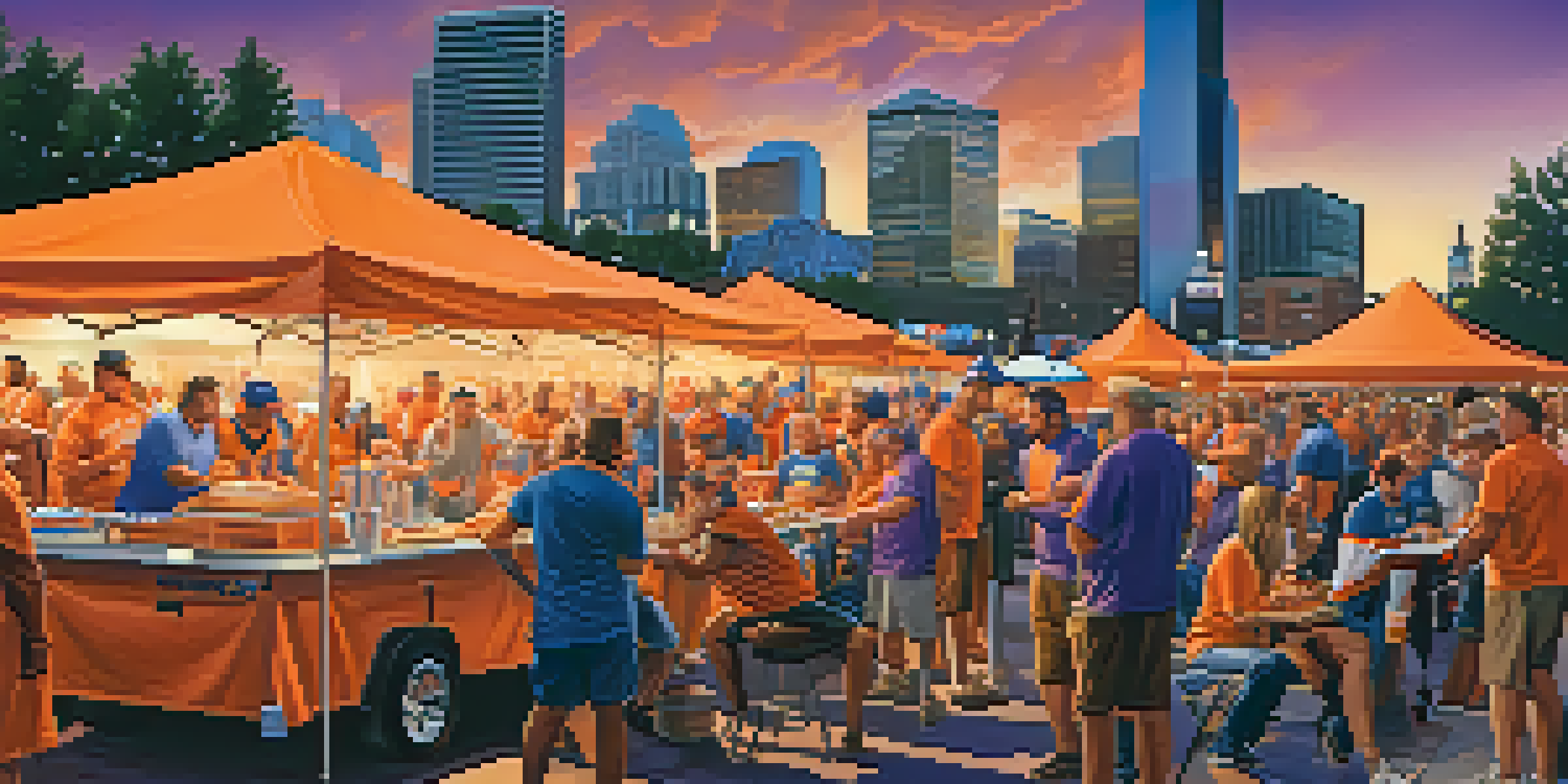 A lively tailgating event with fans in orange and blue jerseys, grilling food against the backdrop of the Denver skyline at sunset.