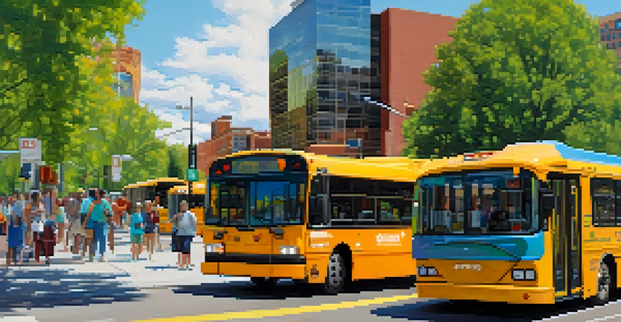 A busy street in Denver with a modern bus stop and diverse residents waiting for buses under a bright blue sky.