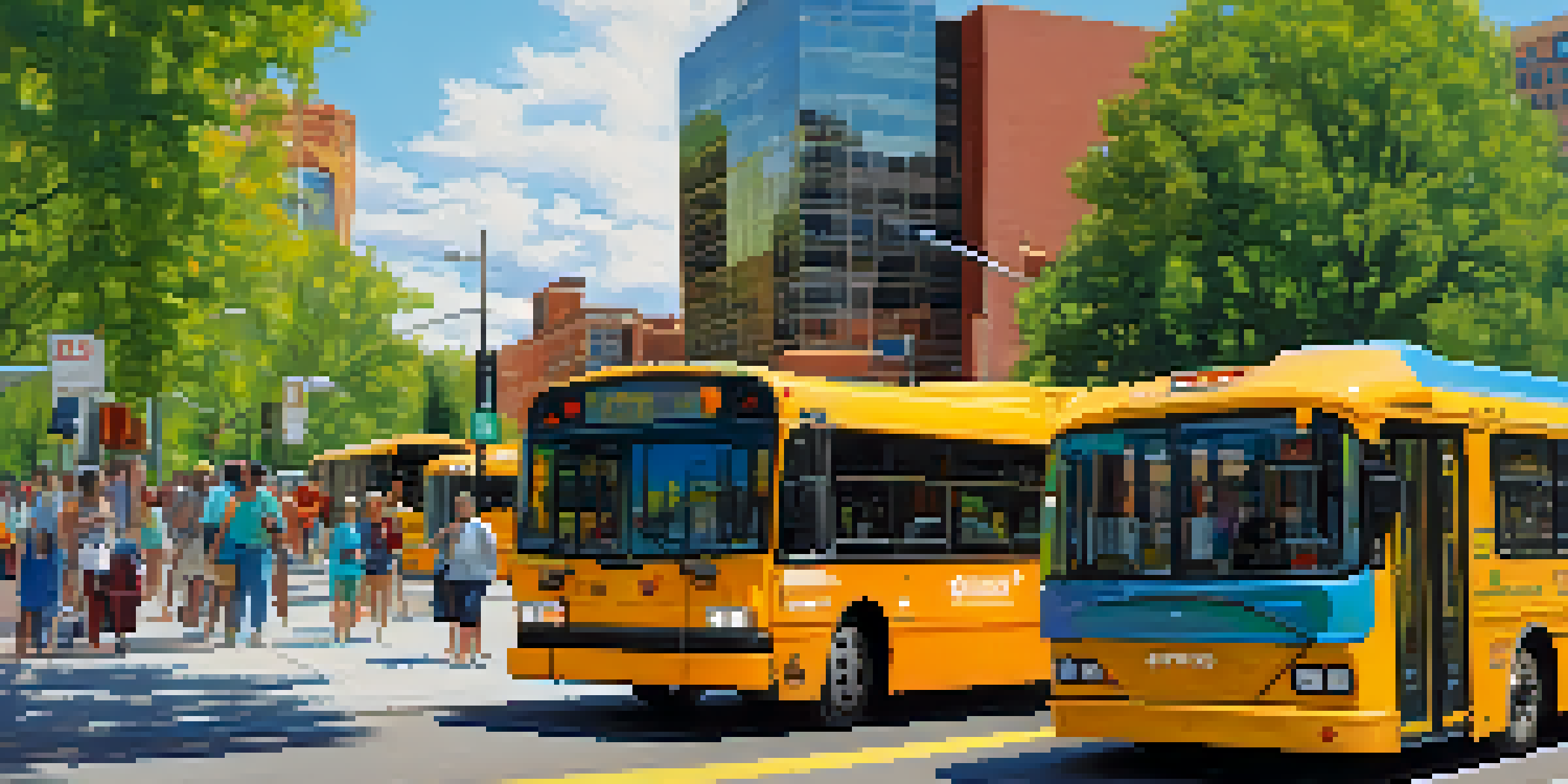 A busy street in Denver with a modern bus stop and diverse residents waiting for buses under a bright blue sky.