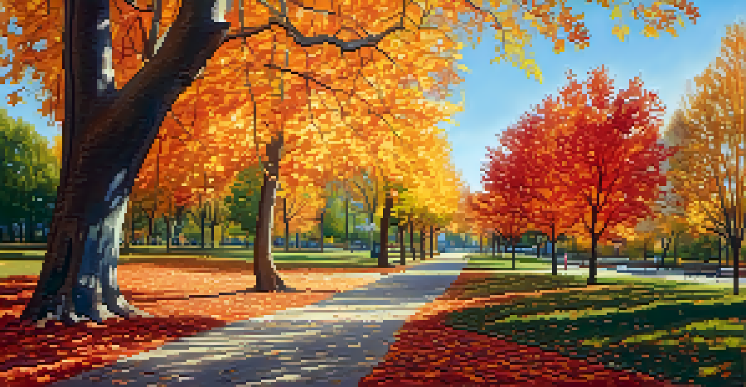 An autumn landscape in Denver with colorful foliage, a walking path, and a clear blue sky.