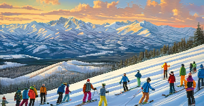A scenic view of Denver with the Rocky Mountains, featuring skiers and snowboarders on the slopes under a clear blue sky.
