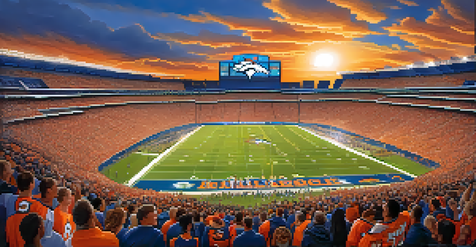 A crowded Mile High Stadium filled with Denver Broncos fans wearing orange and blue, under a sunny sky with mountains in the background.