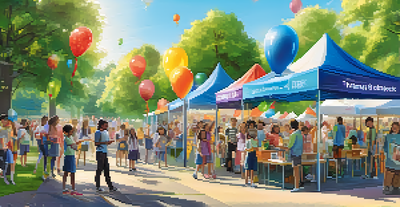 A lively outdoor science fair with students presenting their STEM projects at colorful booths, surrounded by parents and community members.