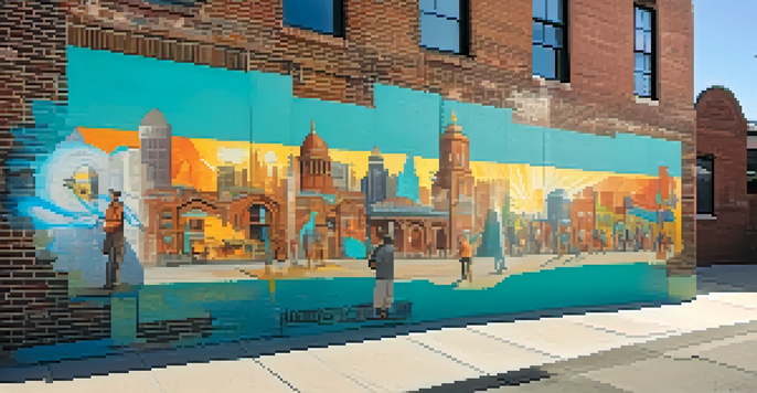 A colorful street mural in Denver, surrounded by brick buildings and people admiring the art.