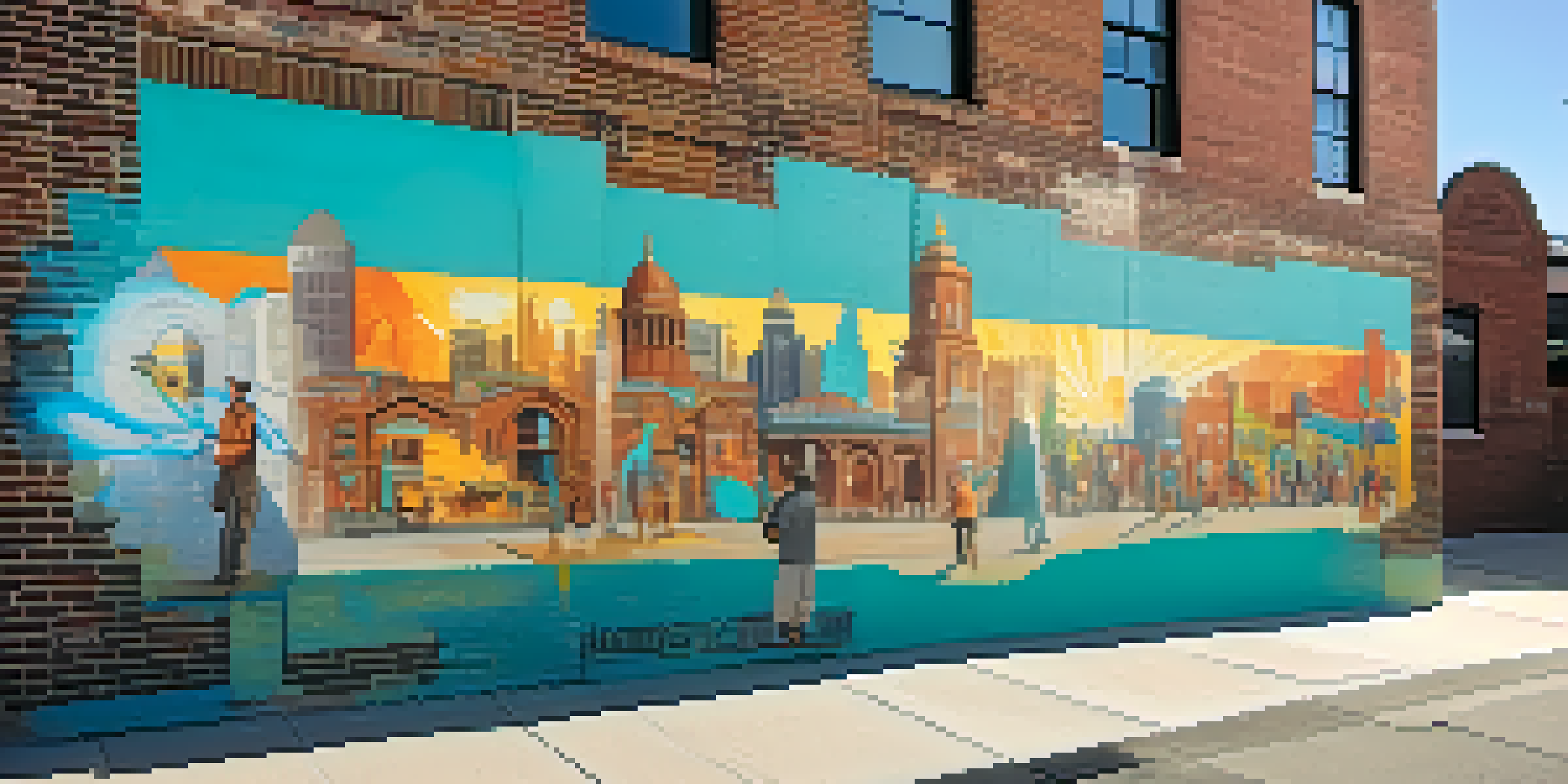A colorful street mural in Denver, surrounded by brick buildings and people admiring the art.