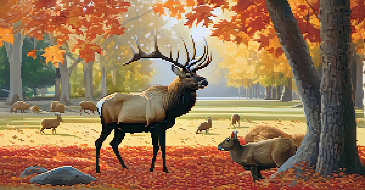 An elk in a colorful autumn setting with fallen leaves and squirrels, highlighting the beauty of nature in the Denver Botanic Gardens.