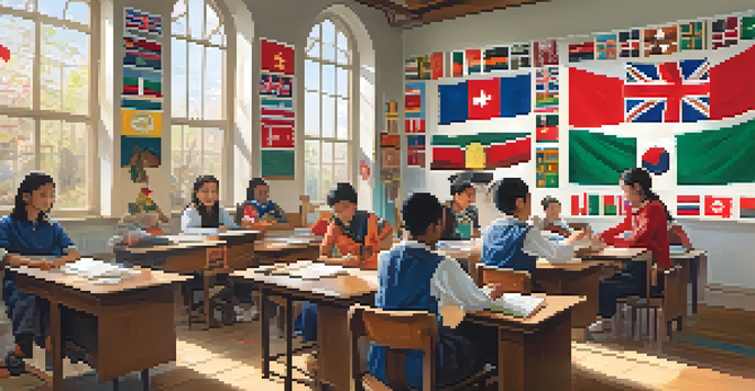A diverse group of students in a bright classroom, engaged in a cultural education activity with artifacts and flags from different countries.