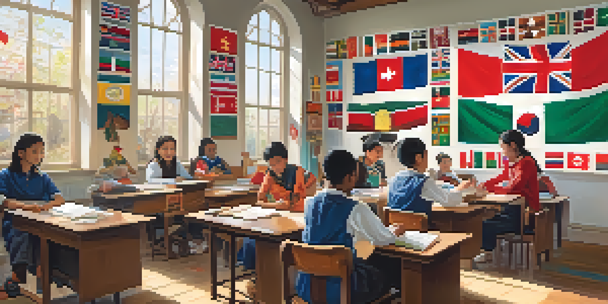 A diverse group of students in a bright classroom, engaged in a cultural education activity with artifacts and flags from different countries.