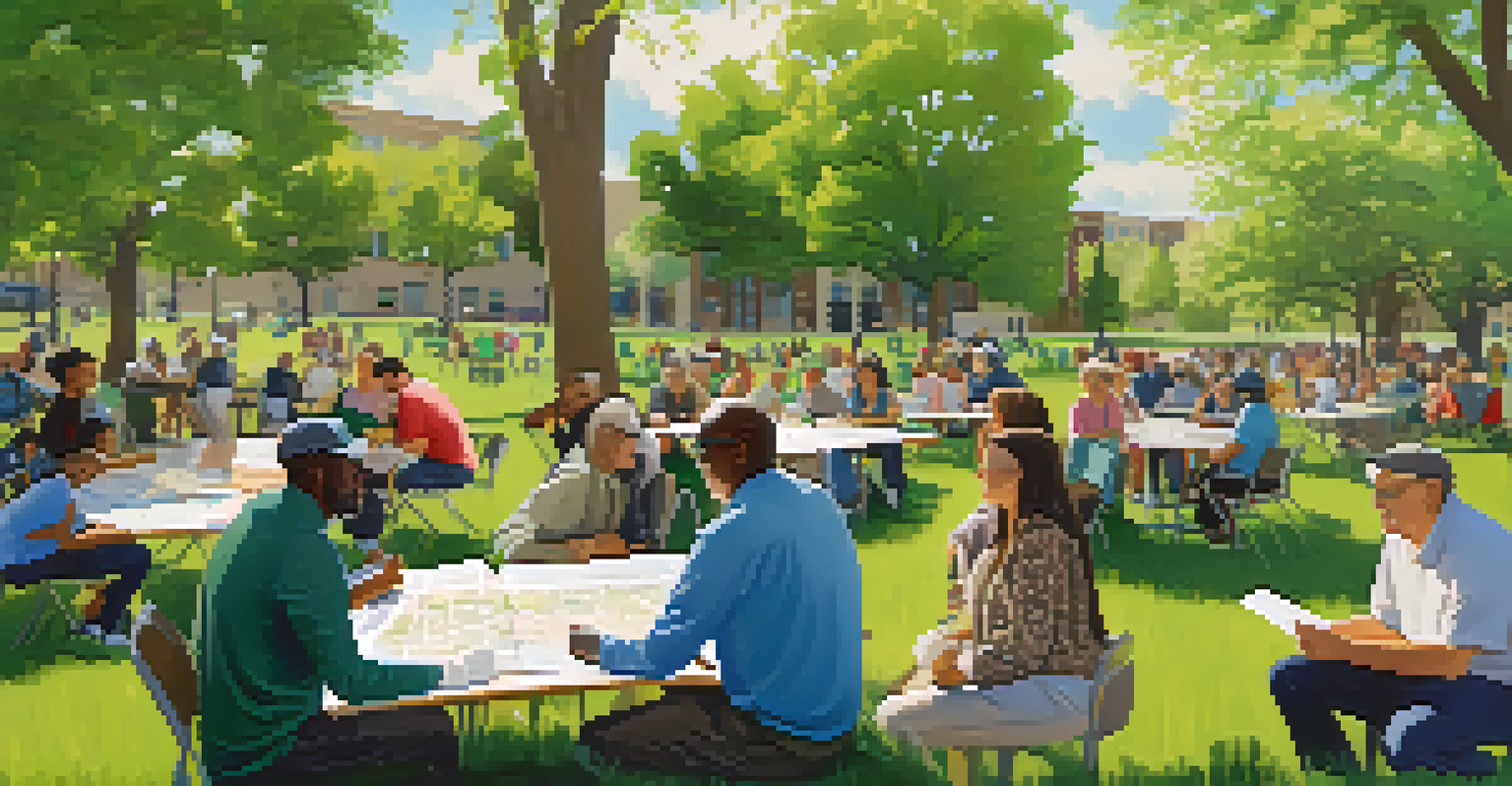 Residents of Denver participating in a community meeting in a park about the public transit expansion project, surrounded by nature.