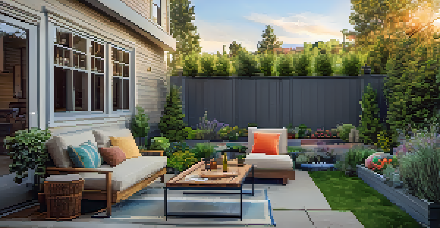 A cozy backyard in Denver with seating, plants, and soft lighting during sunset.