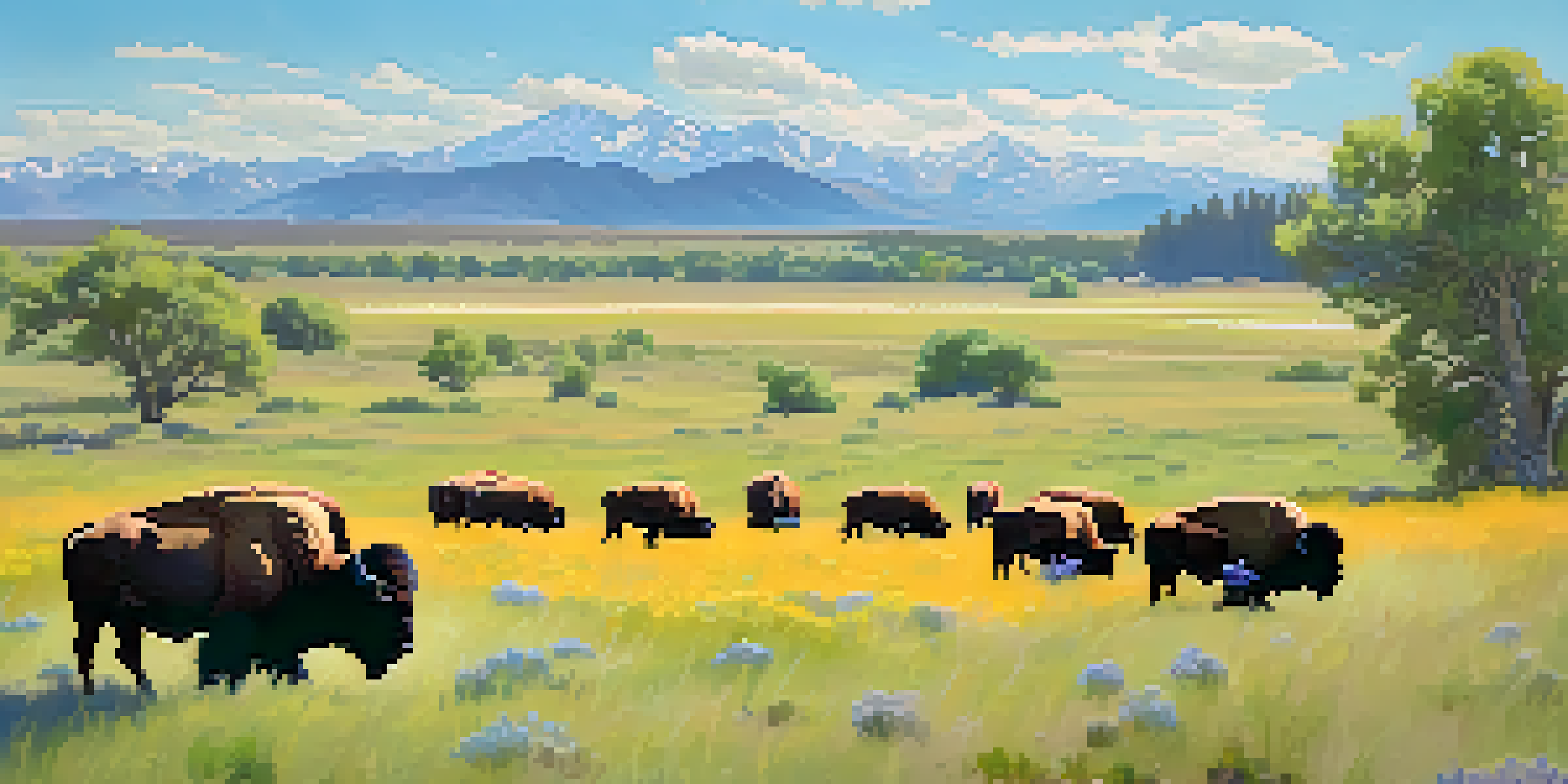 A bison herd grazing in a meadow at the Rocky Mountain Arsenal National Wildlife Refuge under a blue sky with distant mountains.