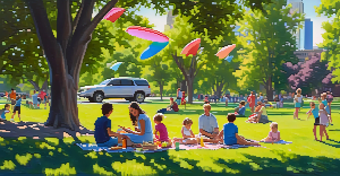A colorful summer picnic scene in City Park with families, children playing frisbee, and the Denver skyline in the background.