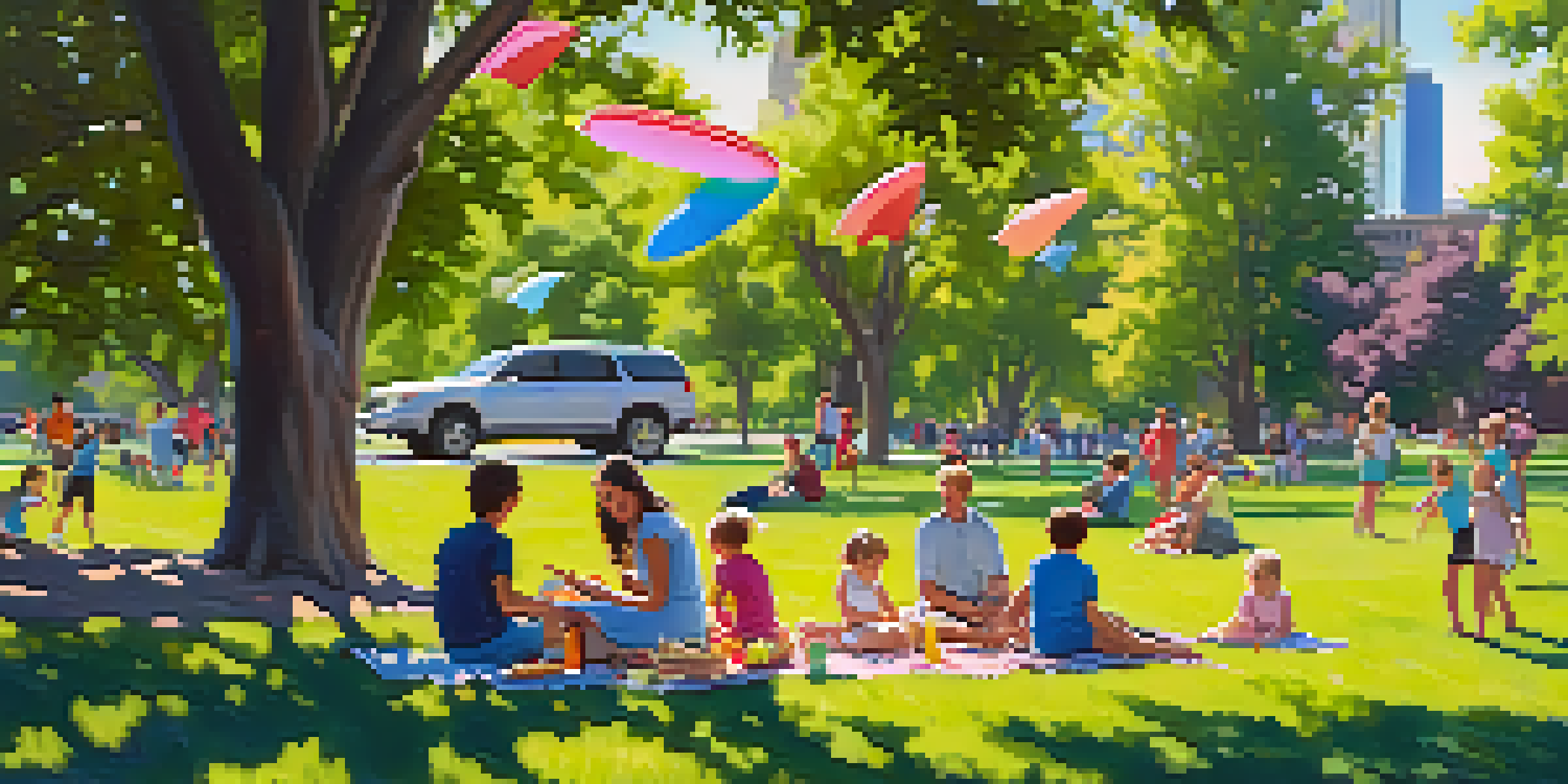 A colorful summer picnic scene in City Park with families, children playing frisbee, and the Denver skyline in the background.