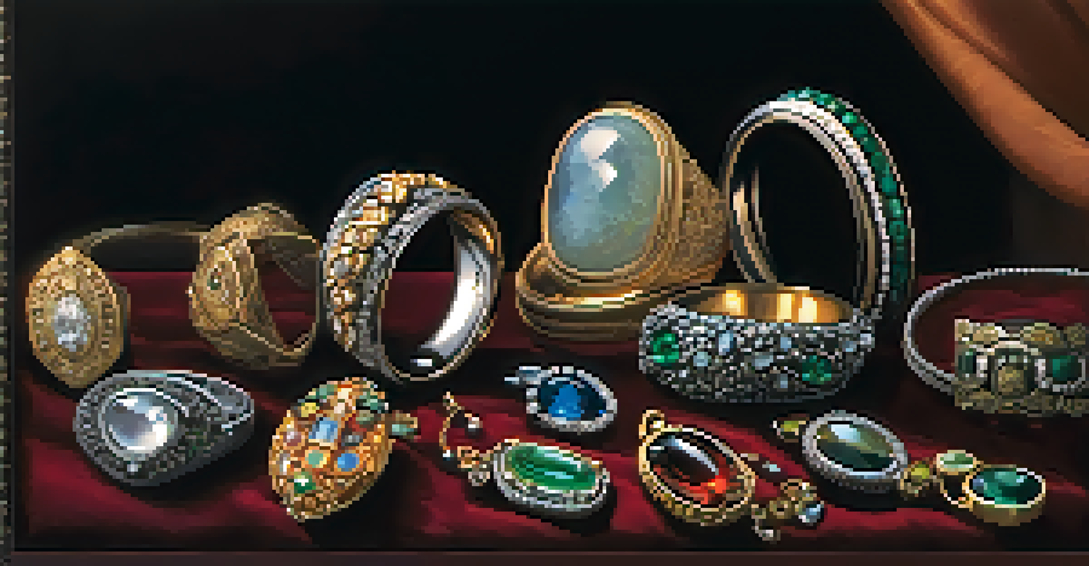 A close-up view of beautifully crafted jewelry pieces on a velvet cloth, showcasing intricate designs and sparkling gemstones.