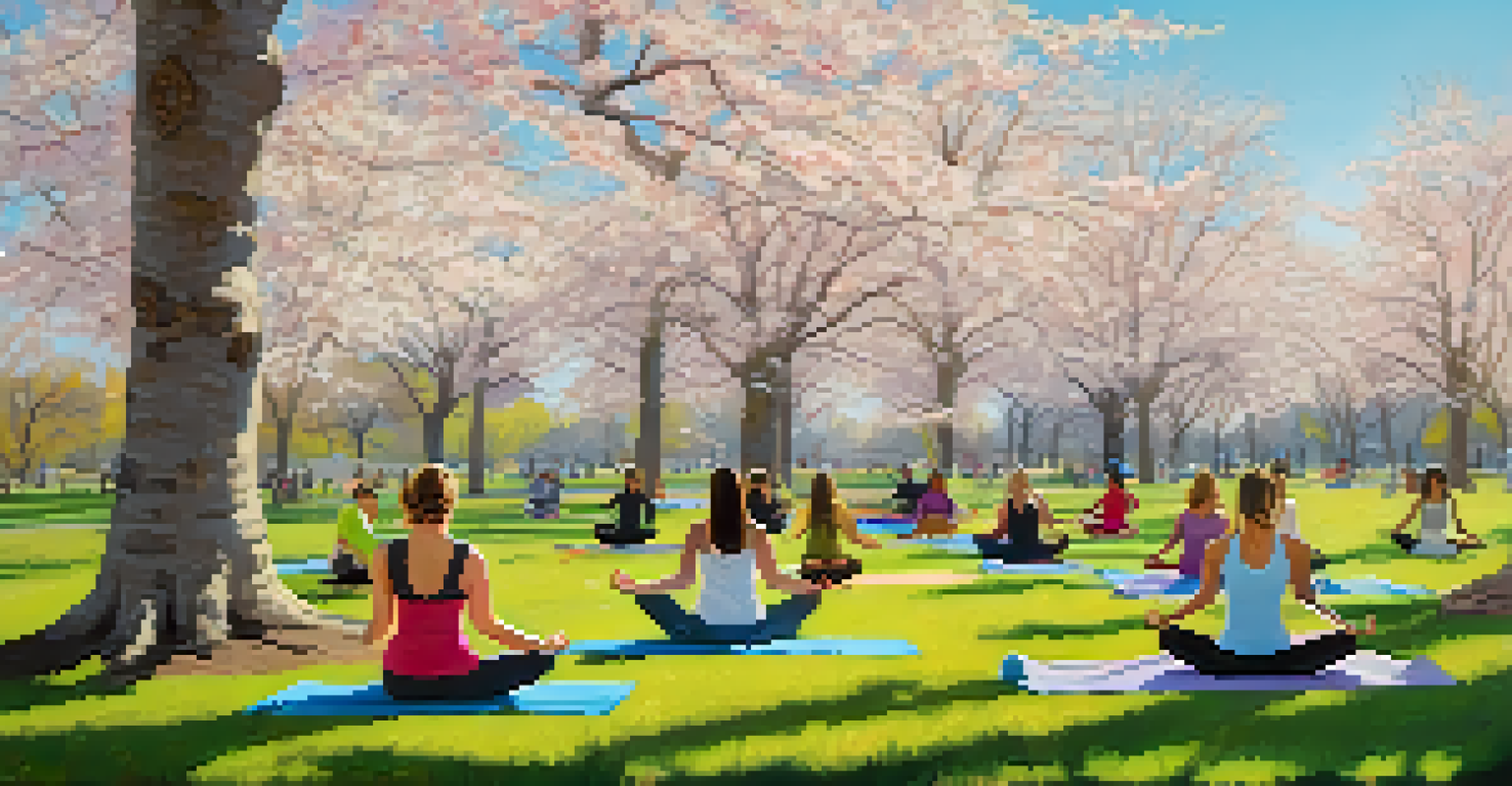 A group of friends practicing yoga on colorful mats in Cheesman Park surrounded by cherry blossom trees under a clear sky.