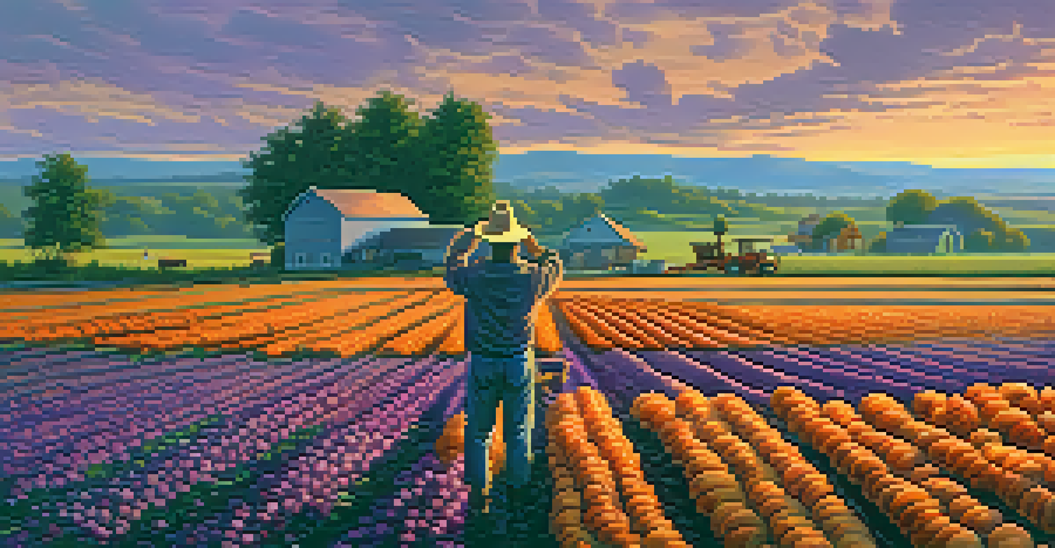 A tranquil farm at sunset with a farmer harvesting vegetables and a sign for Community Supported Agriculture.