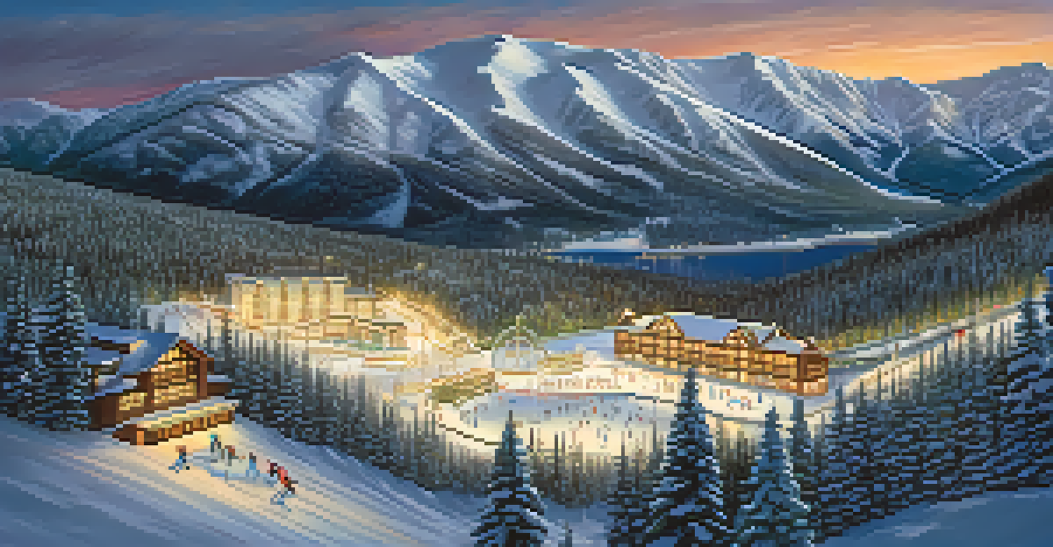 An aerial view of Keystone Resort at night, featuring illuminated ski slopes and people skiing.