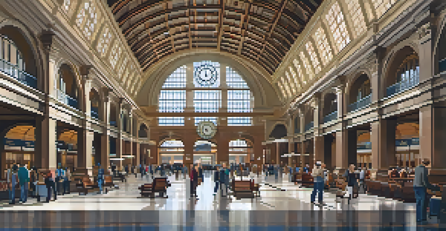Interior of Denver Union Station with high ceilings, warm lighting, and travelers enjoying the space.