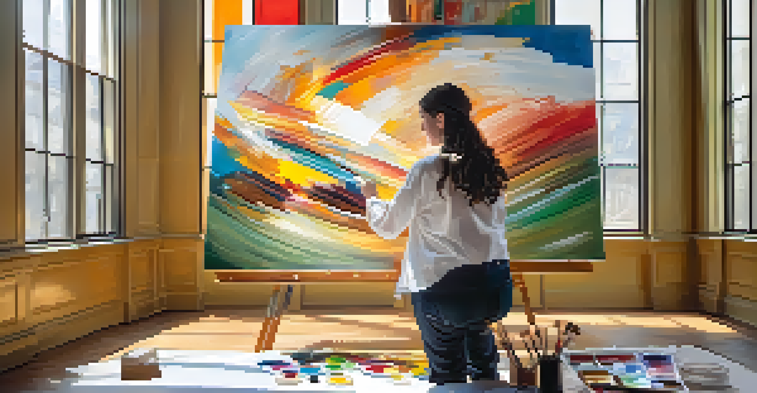 An artist painting on a canvas in a sunlit studio, surrounded by paint and brushes, with vibrant colors on the canvas.