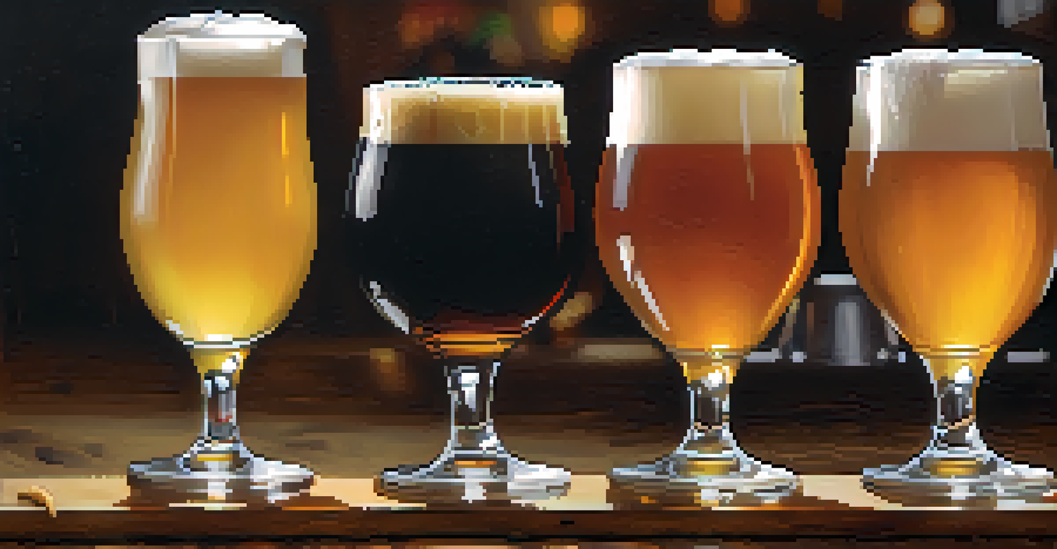 A close-up view of a tasting flight featuring four small glasses of different craft beers alongside food pairings on a rustic wooden table.