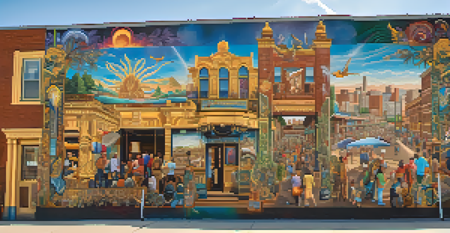 A colorful mural representing Denver's cultural heritage, with various symbols and community members admiring the artwork.