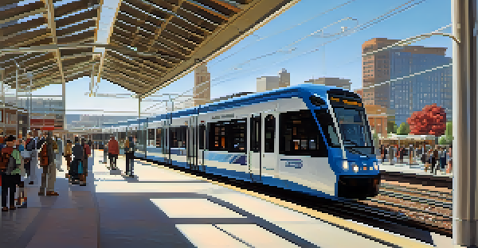 A busy light rail station in Denver, featuring diverse commuters, ramps for accessibility, and a clear blue sky.