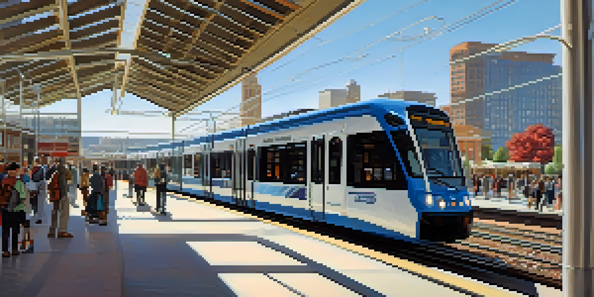 A busy light rail station in Denver, featuring diverse commuters, ramps for accessibility, and a clear blue sky.