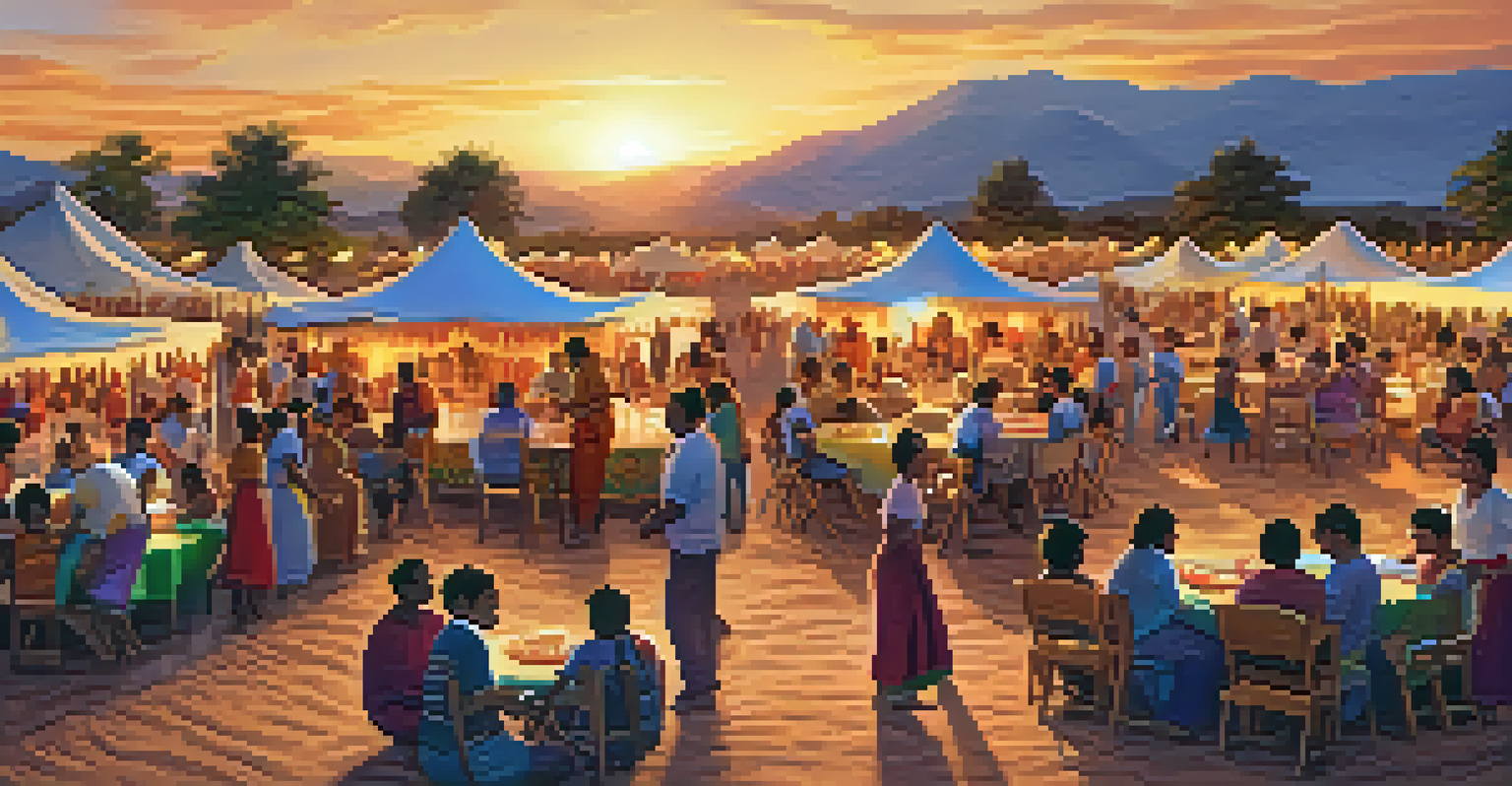 Families participating in an outdoor cultural night, sharing traditions with colorful tents and traditional dances under a warm sunset.