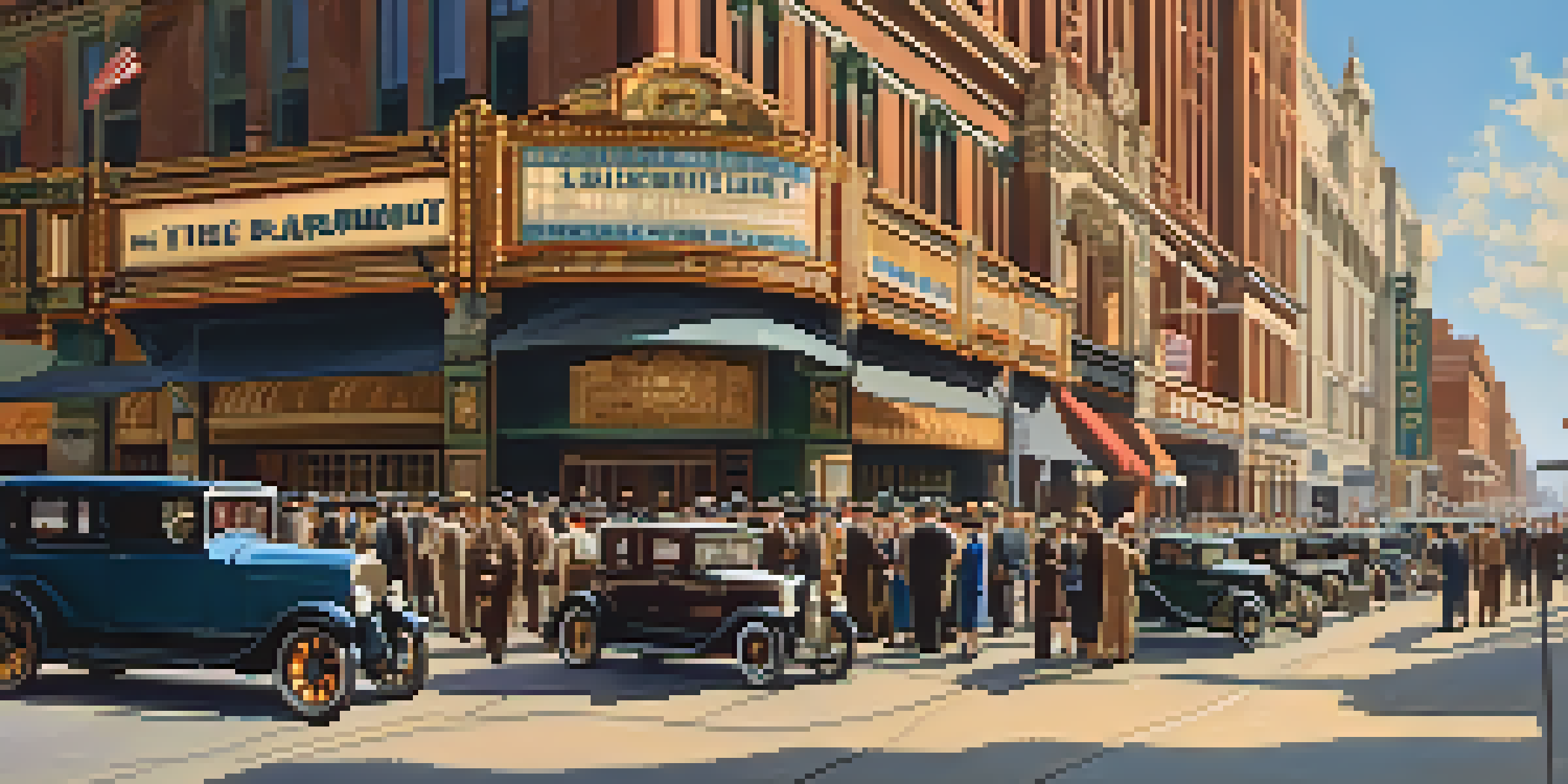 A historical street scene in Denver featuring the Paramount Theatre, with people in 1920s attire and vintage cars, illuminated by warm sunlight.