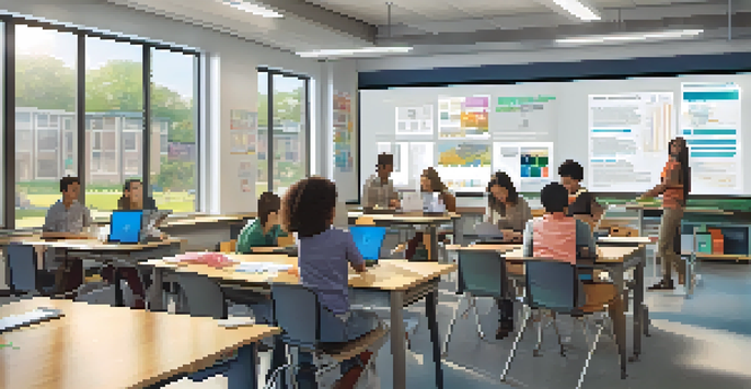 A bright modern classroom filled with students using laptops for personalized learning, showcasing diversity and collaboration.