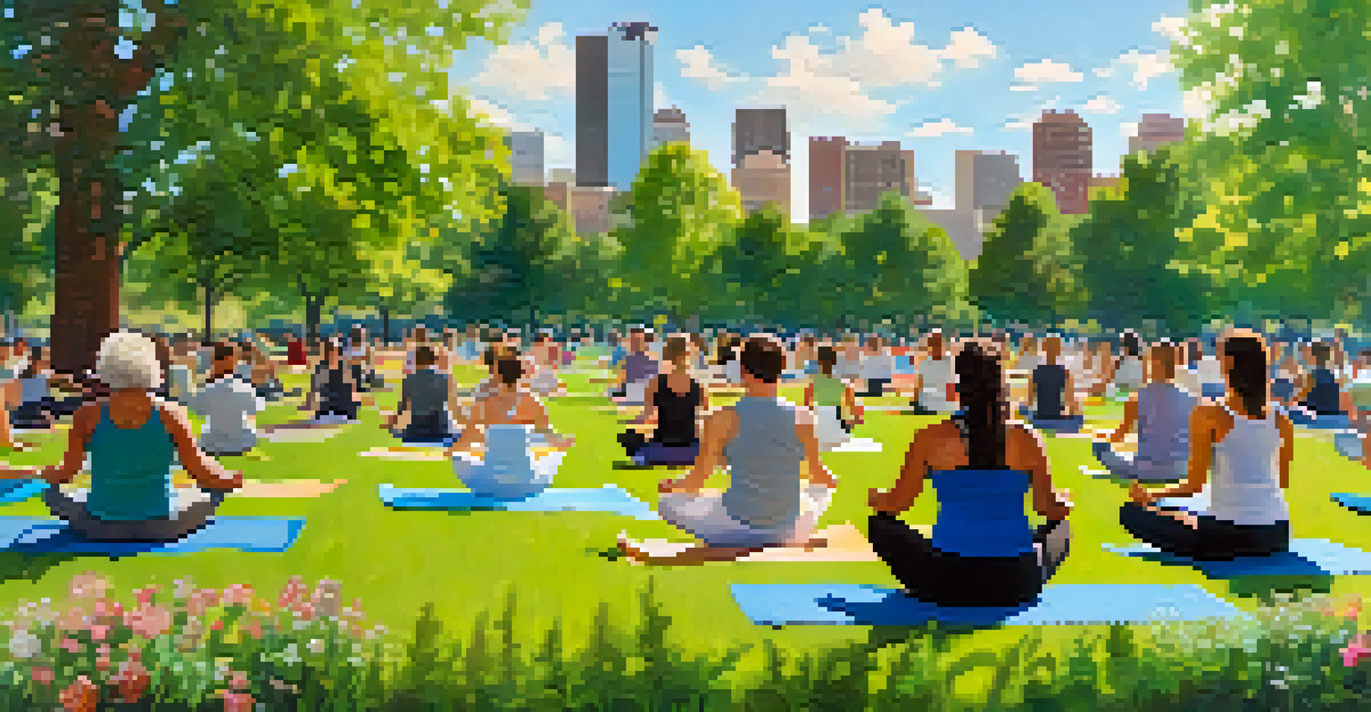 A diverse group of people doing yoga together in a Denver park surrounded by nature.