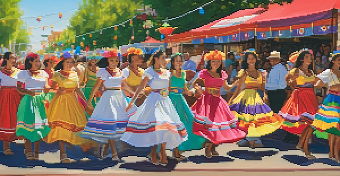 A bustling street scene during the Fiestas Patrias festival in Denver, featuring colorful decorations and traditional dancers.