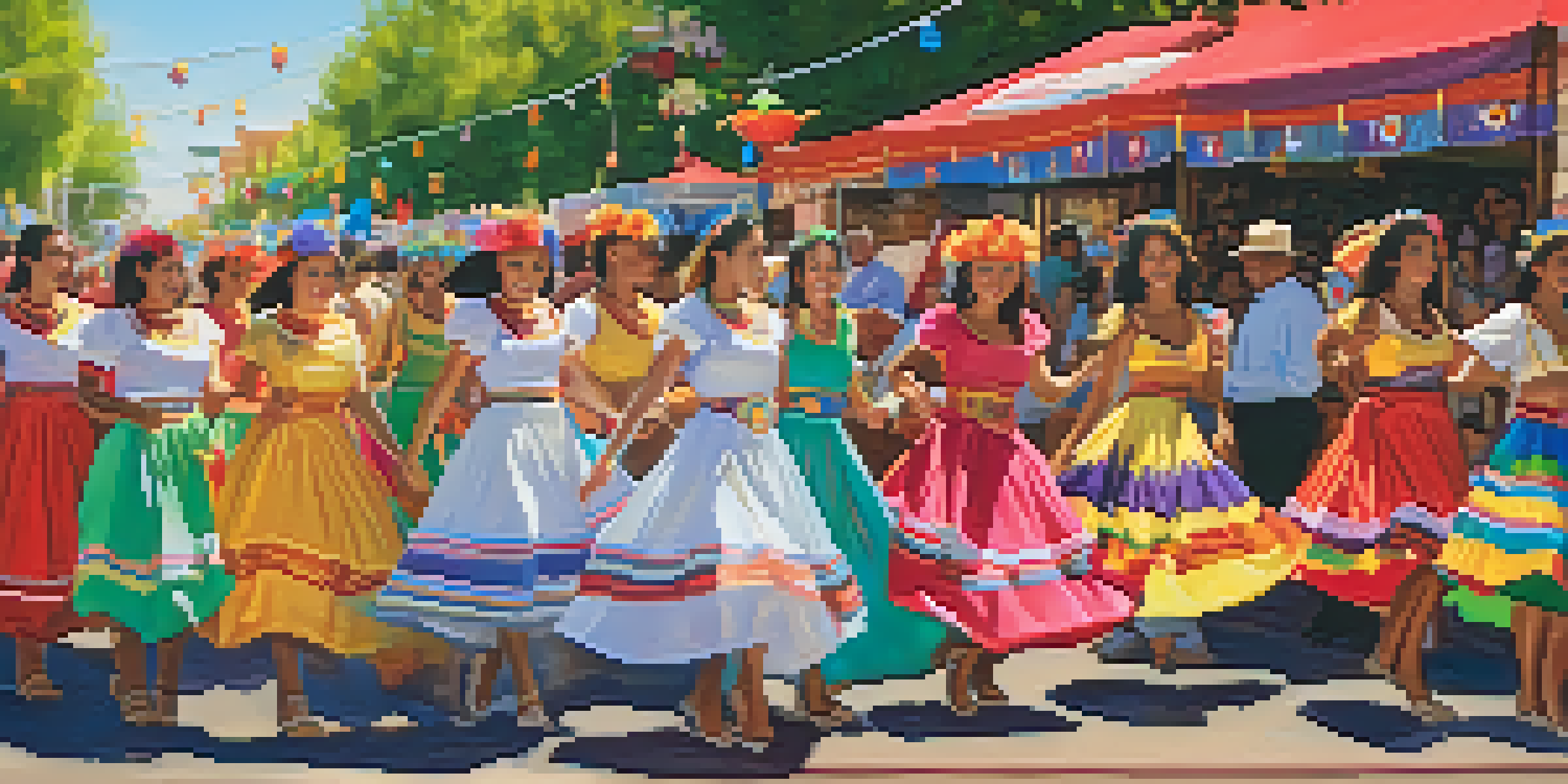 A bustling street scene during the Fiestas Patrias festival in Denver, featuring colorful decorations and traditional dancers.