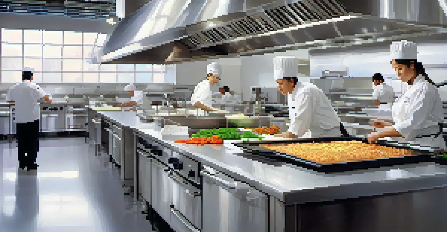 Students working in a modern culinary school kitchen, chopping vegetables, sautéing, and baking, with bright lighting and fresh ingredients visible.