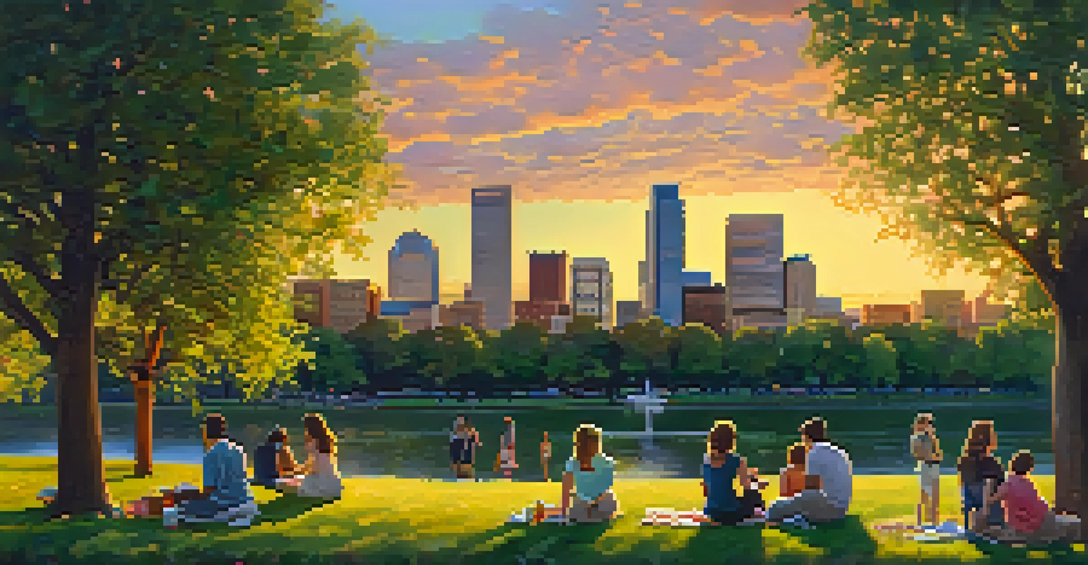 Summer sunset over Denver's skyline with people picnicking in a park.