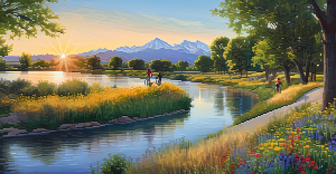 Cyclists enjoying a scenic ride along the Cherry Creek Trail with greenery and mountains in the backdrop during sunset.