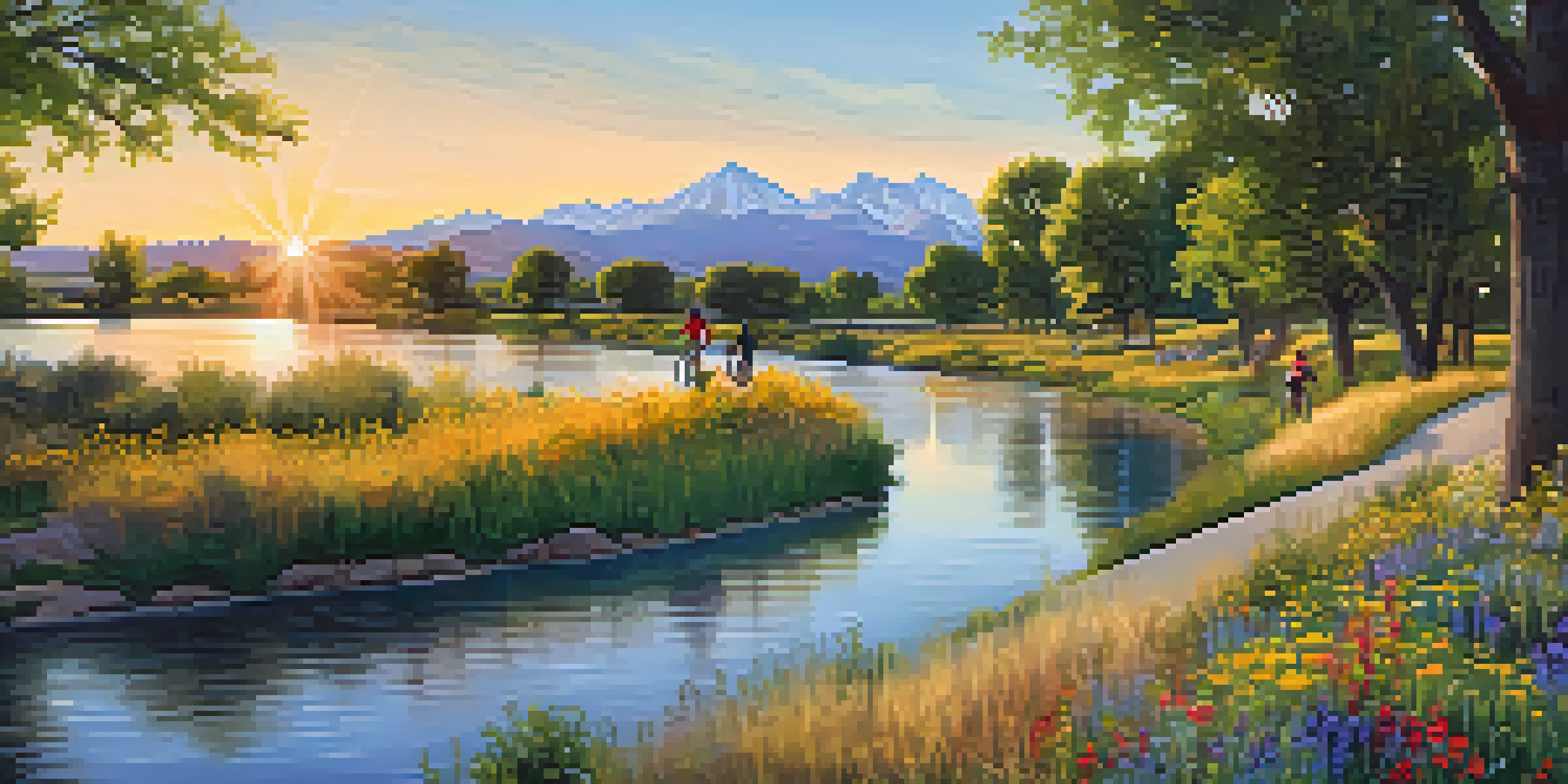 Cyclists enjoying a scenic ride along the Cherry Creek Trail with greenery and mountains in the backdrop during sunset.