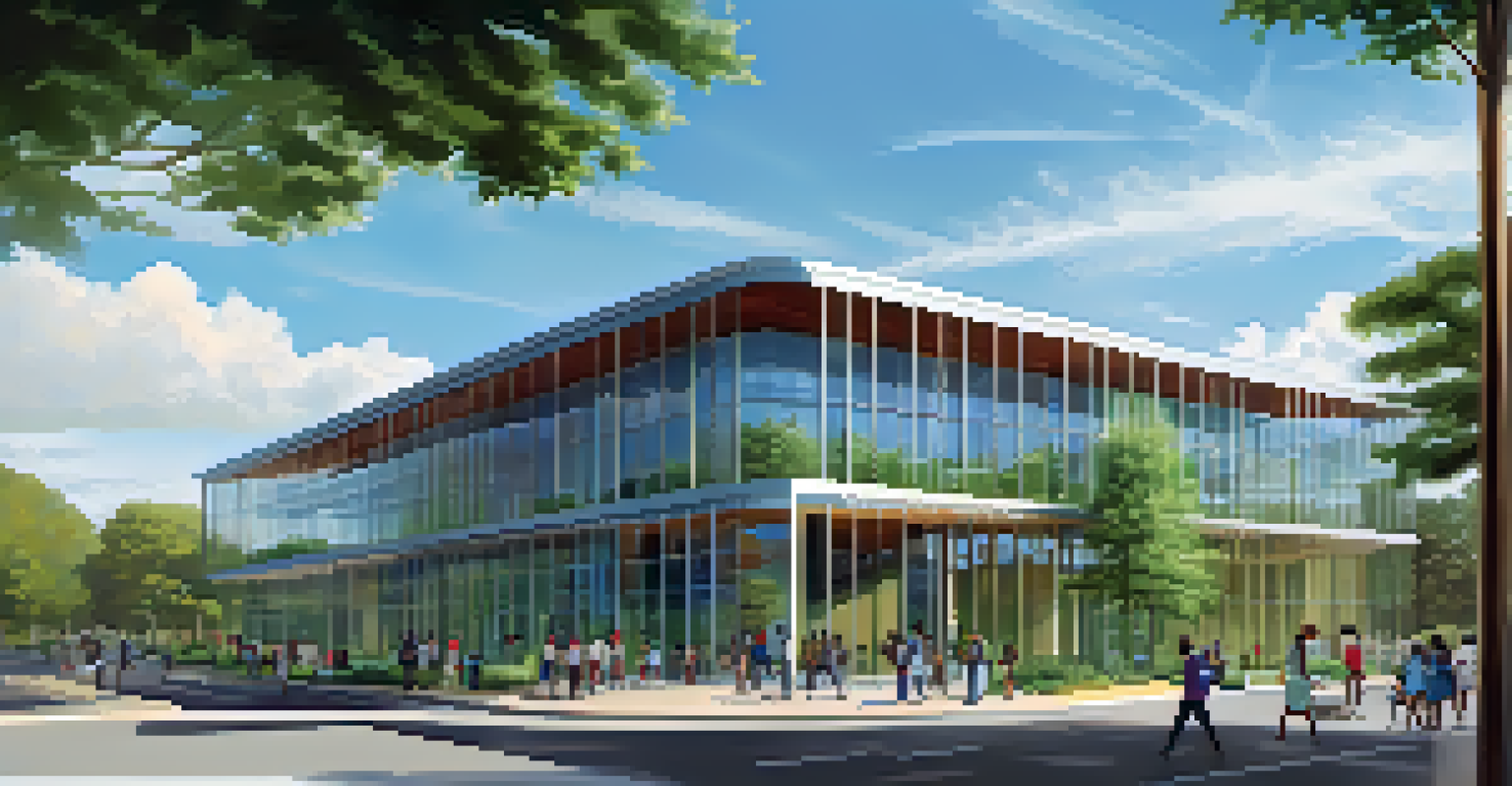 The Blair-Caldwell African American Research Library in Denver, showcasing its modern architecture amidst greenery with people interacting around the entrance.