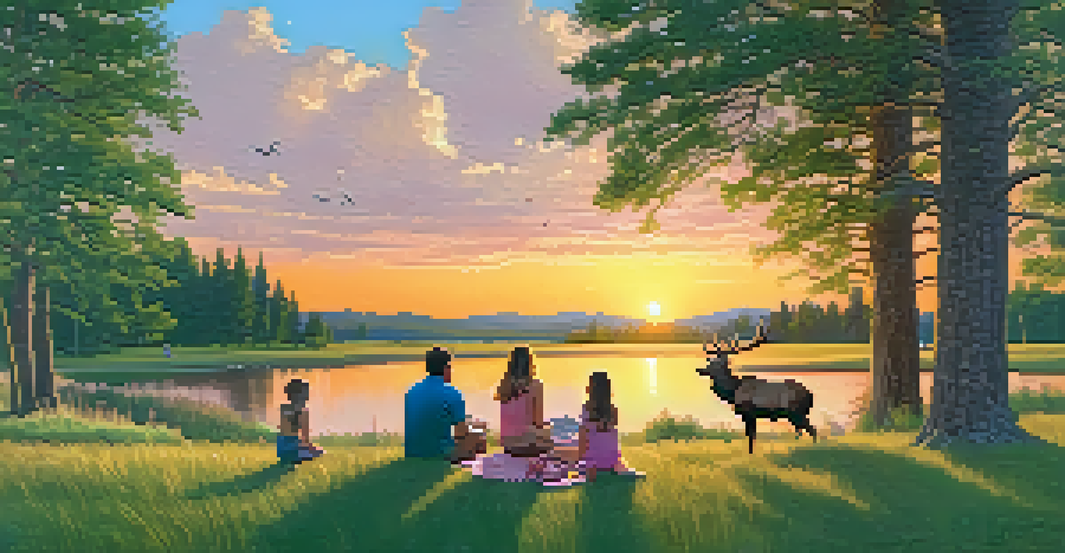 A family having a picnic in a summer park, with elk and rabbits in the background and a colorful sunset sky.