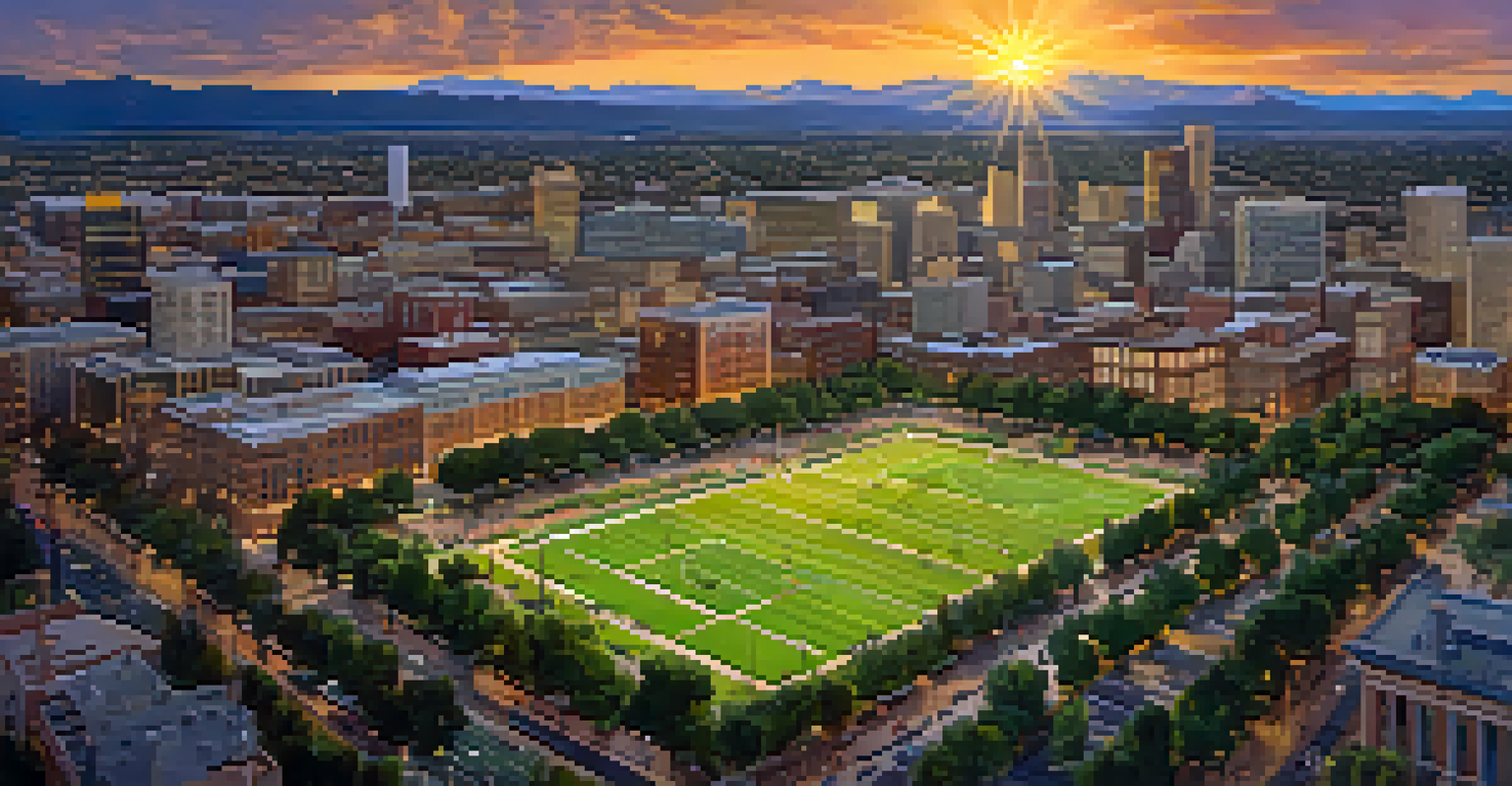 An aerial view of Denver showing green parks amidst urban buildings, electric buses, and bicycles, with a sunset in the background.