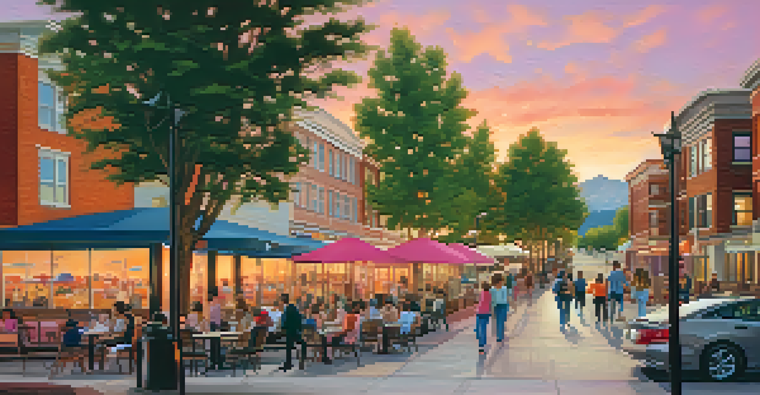 An upscale Denver neighborhood at sunset with contemporary buildings and vibrant street life.